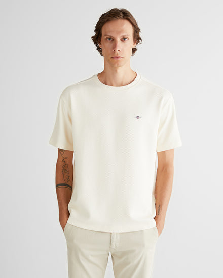 T-shirt męski z okrągłym kołnierzykiem relaxed fit kremowy