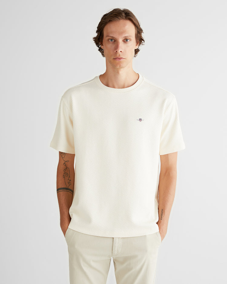 T-shirt męski z okrągłym kołnierzykiem relaxed fit kremowy