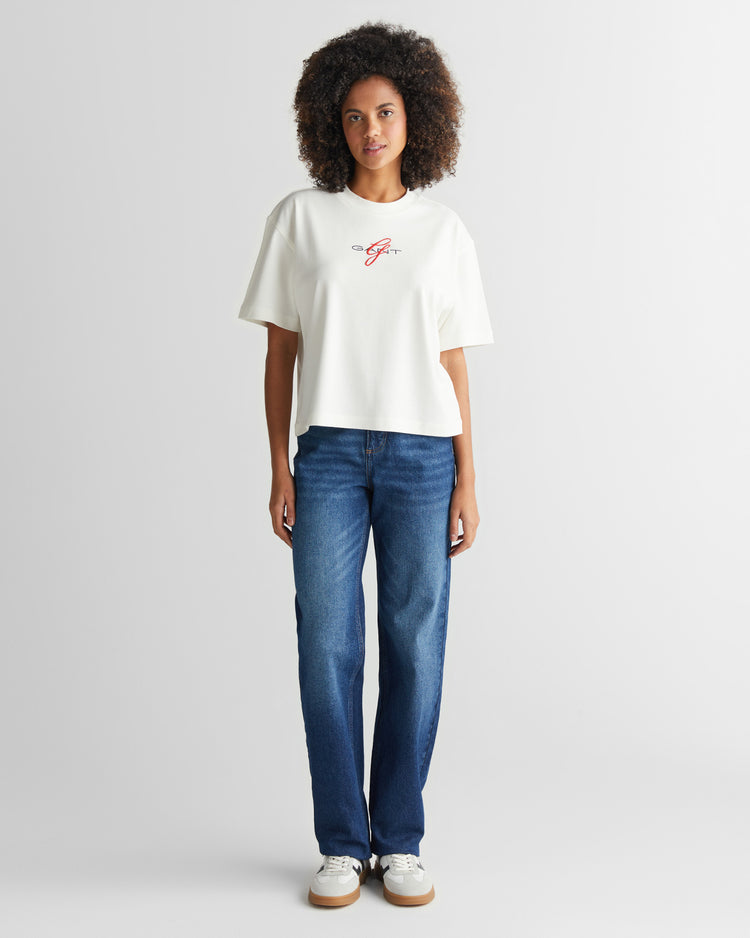 Koszulka damska z nadrukiem okrągły kołnierzyk relaxed fit kremowa