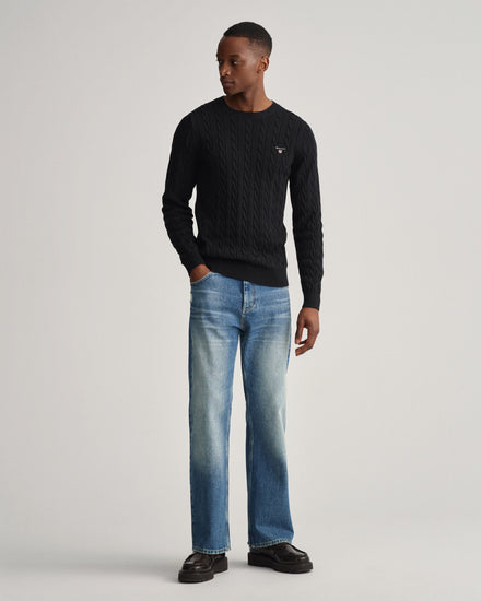 Męski sweter bawełniany z okrągłym dekoltem o splocie warkoczowym