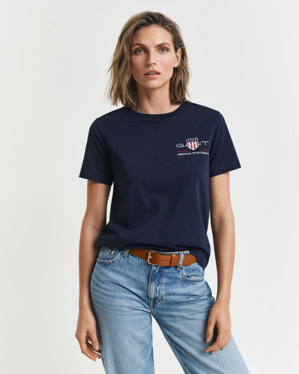 Bawełniana koszulka damska z nadrukiem regular fit granatowa