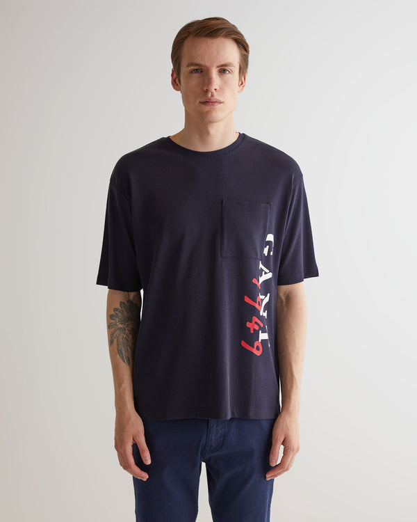 T-shirt męski z nadrukiem okrągły kołnierzyk regular fit granatowy