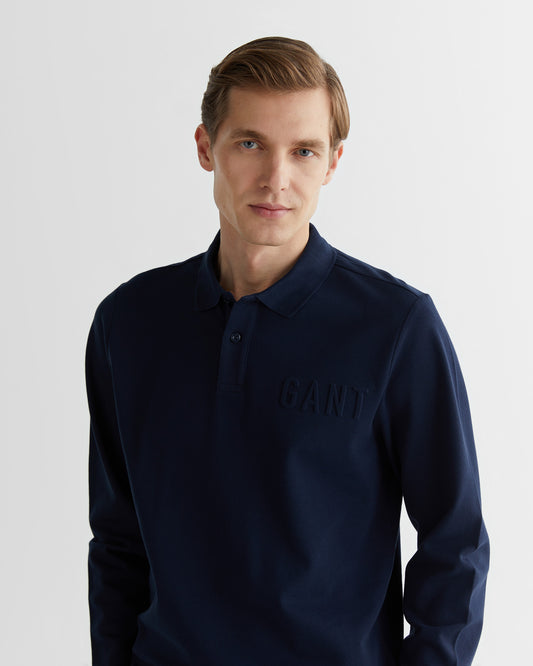 Polo męskie z nadrukiem z długim rękawem regular fit granatowe