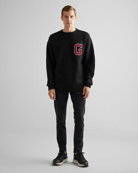 Sweter męski z nadrukiem okrągły kołnierzyk relaxed fit czarny