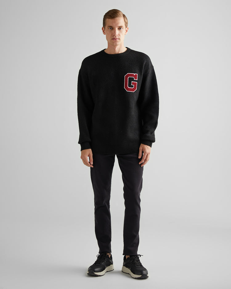 Sweter męski z nadrukiem okrągły kołnierzyk relaxed fit czarny