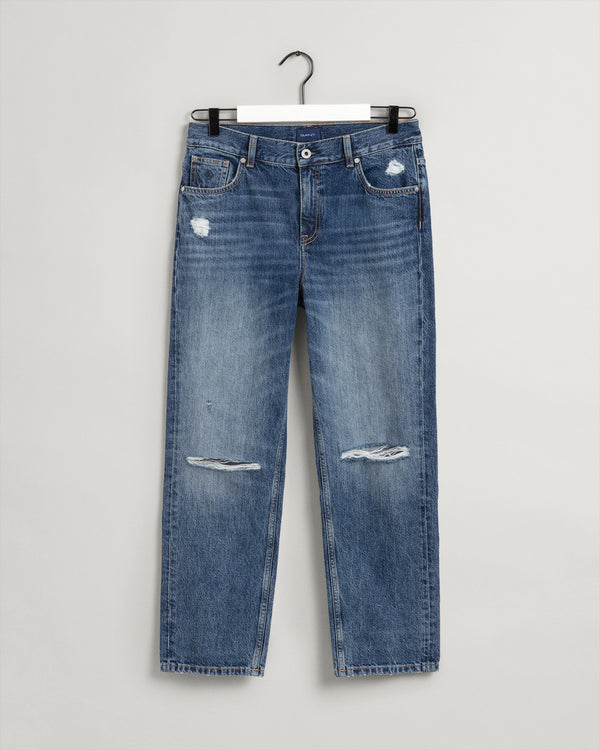 Bawełniane spodnie jeansowe damskie relaxed fit niebieskie