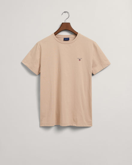 Męski beżowy t-shirt o regularnym kroju z okrągłym dekoltem