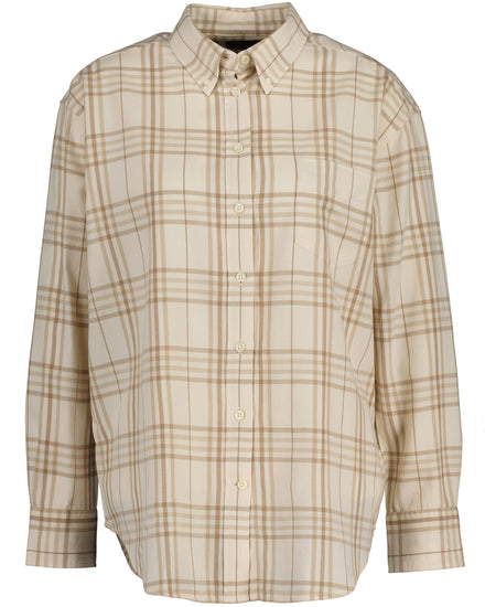 Koszula damska w kratkę długi rękaw relaxed fit kremowa