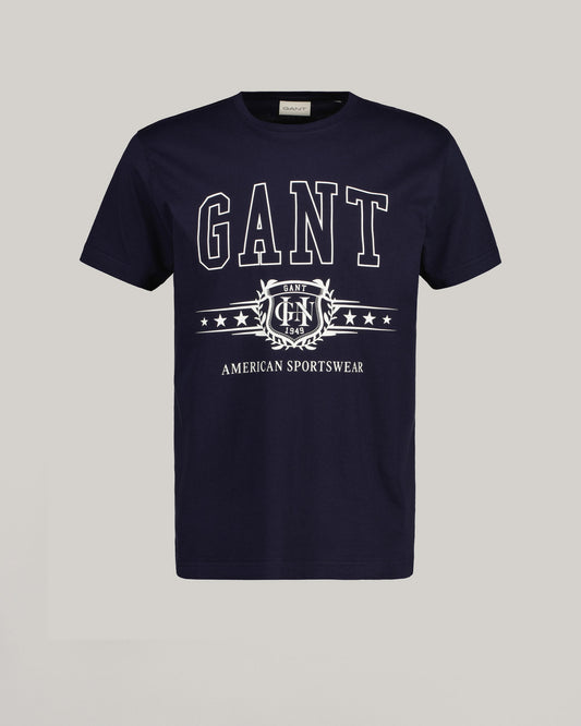 Bawełniana koszulka męska z nadrukiem okrągły kołnierzyk granatowa