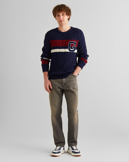 Bawełniany sweter męski w paski relaxed fit granatowy