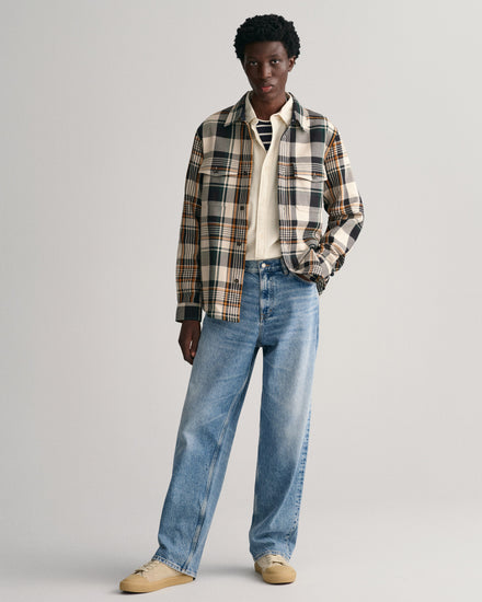 Bawełniana koszula męska w kratkę z długim rękawem regular fit beżowa