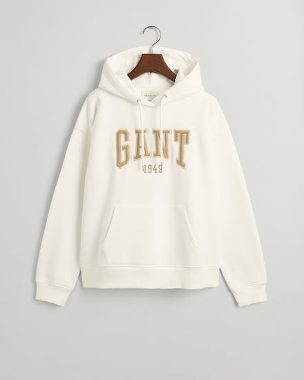 Bluza damska z nadrukiem z kapturem relaxed fit kremowa