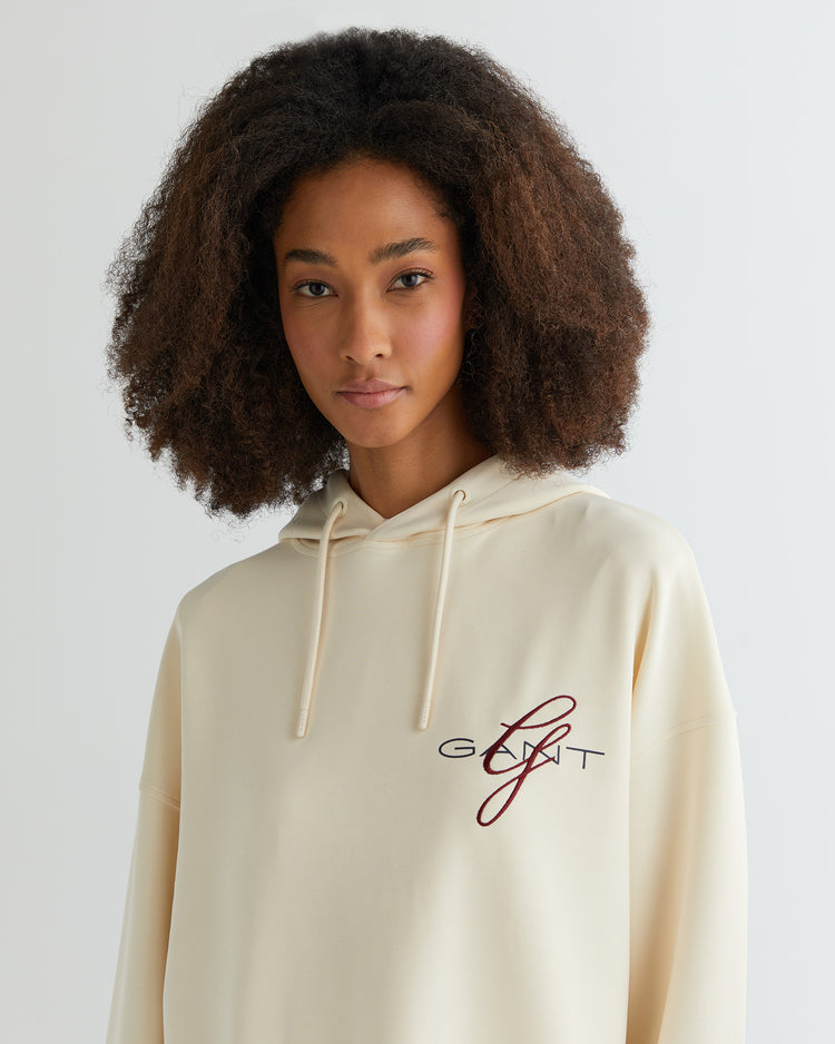 Bluza damska z nadrukiem z kapturem oversize fit kremowa