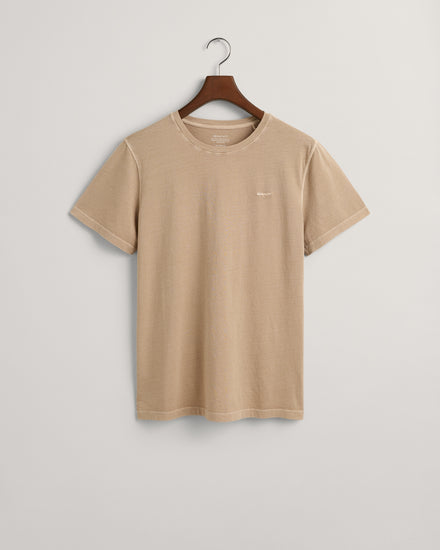 Męski beżowy T-shirt z logo o luźnym kroju i okrągłym dekolcie