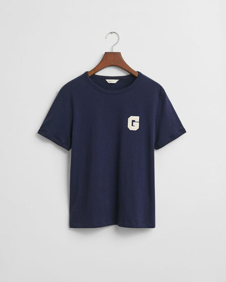 Damska granatowa bawełniana koszulka z naszywką frotte