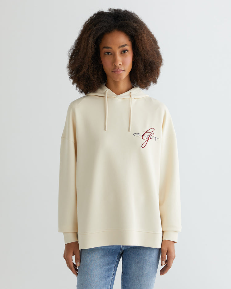 Bluza damska z nadrukiem z kapturem oversize fit kremowa