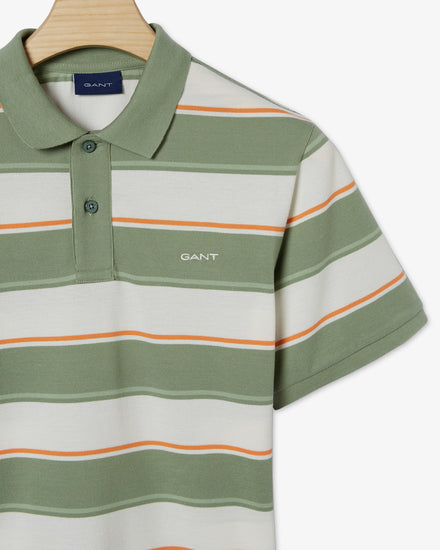 Bawełniane polo męskie w paski z krótkim rękawem regular fit zielone