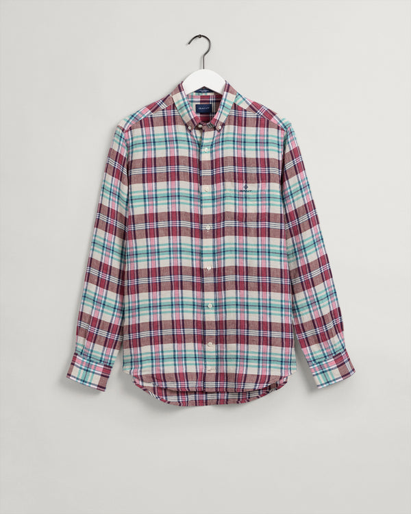 Męska różowa koszula lniana o regularnym kroju z kołnierzykiem button-down