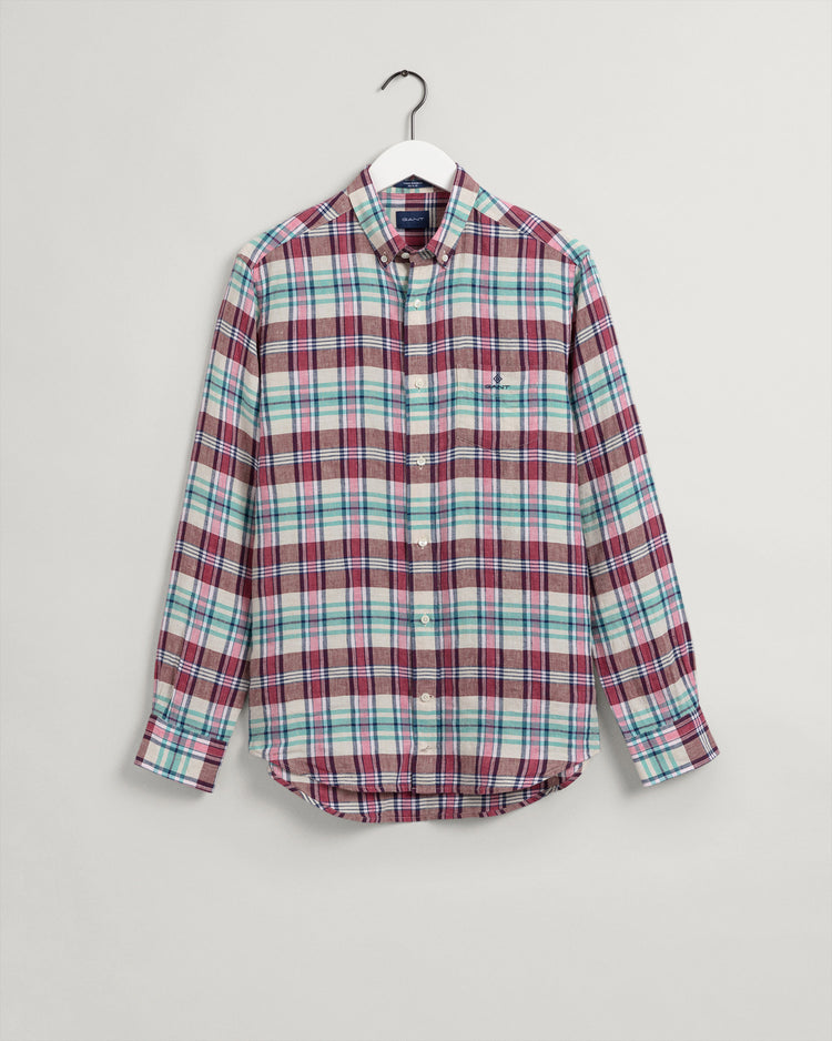 Męska różowa koszula lniana o regularnym kroju z kołnierzykiem button-down