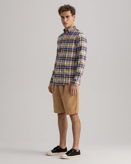 Męska beżowa koszula w kratę z kołnierzykiem button-down o regularnym kroju