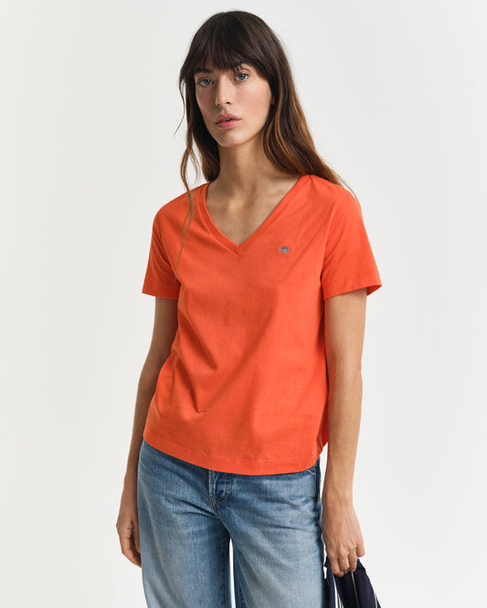 Koszulka damska z dekoltem V z krótkim rękawem regular fit