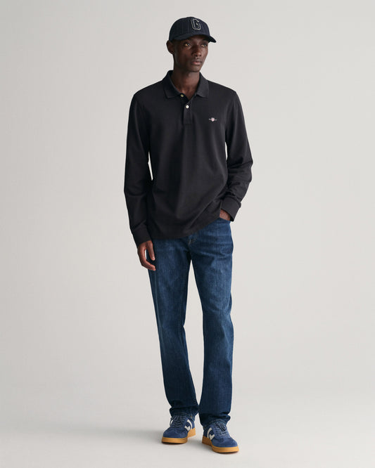 Polo męskie z długim rękawem i kołnierzykiem polo regular fit czarne