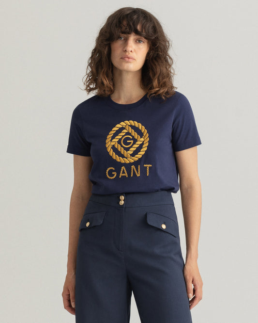 Damski granatowy t-shirt z okrągłym dekoltem o luźnym kroju z logo