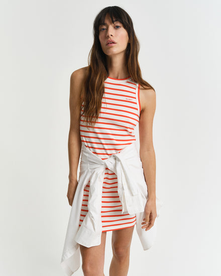 Sukienka damska w paski bez rękawów z okrągłym kołnierzykiem slim fit