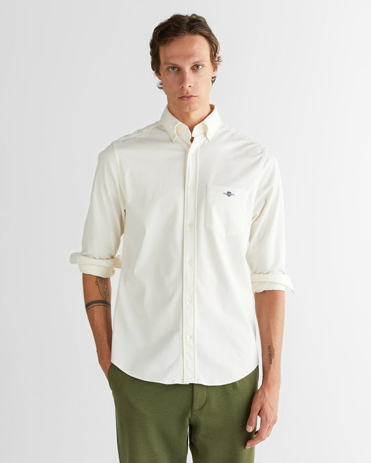 Męska kremowa koszula regular fit z kołnierzykiem na guziki