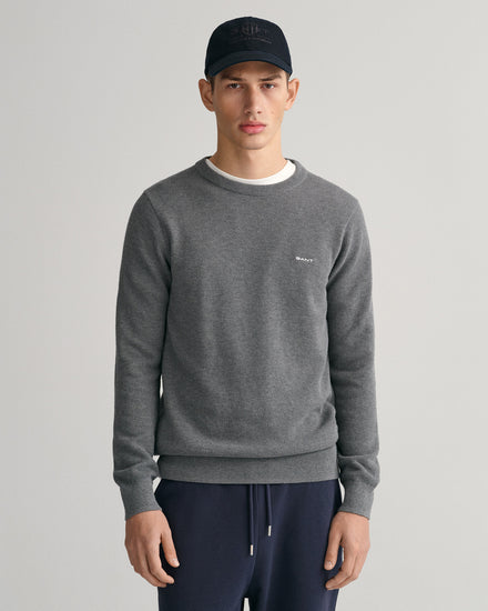 Bawełniany sweter męski z okrągłym kołnierzykiem regular fit szary