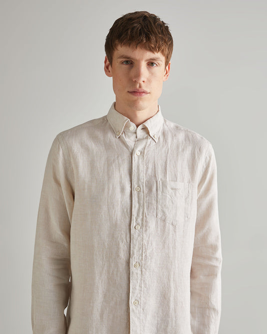 Koszula męska w paski z długim rękawem regular fit beżowa