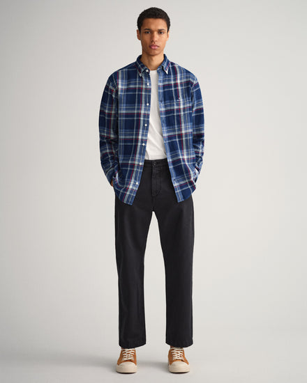 Męska granatowa koszula regular fit w kratę z kołnierzykiem button-down