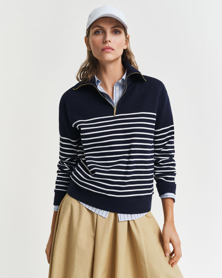 Damska niebieska Half zip bluza breton z prążkowanym ściągaczem