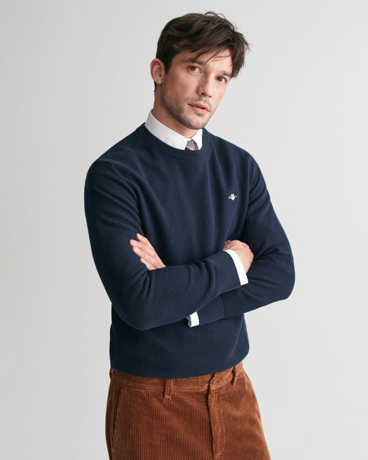Bawełniany sweter męski okrągły kołnierzyk regular fit granatowy