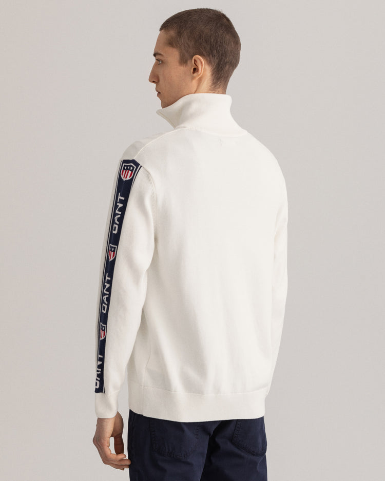 Męski biały sweter regular fit half-zip z logo