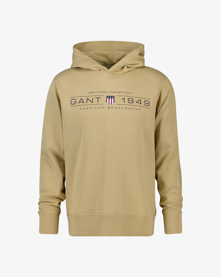 Bluza męska z kapturem z nadrukiem regular fit beżowa