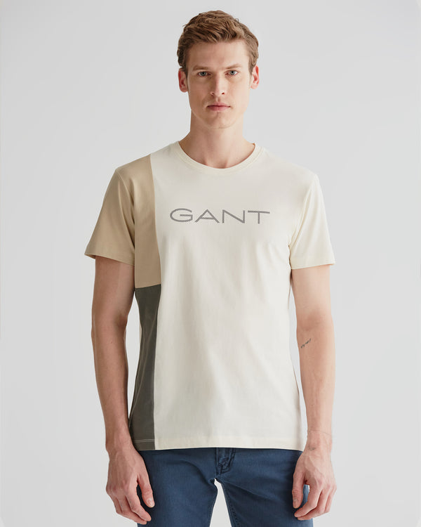 Bawełniany t-shirt męski z nadrukiem regular fit beżowy