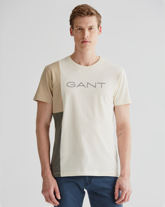 Bawełniany t-shirt męski z nadrukiem regular fit beżowy