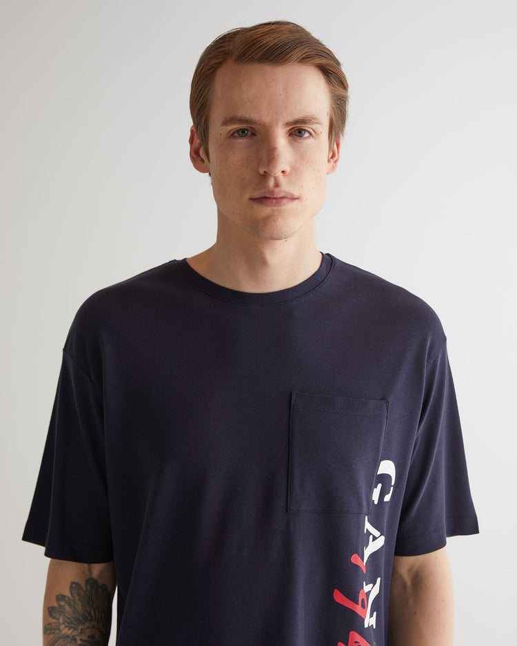 T-shirt męski z nadrukiem okrągły kołnierzyk regular fit granatowy