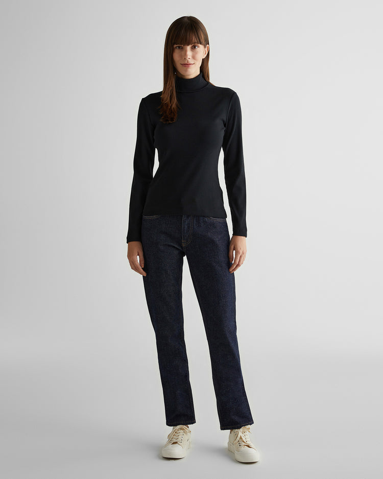 Koszulka damska z golfem z długim rękawem regular fit czarna