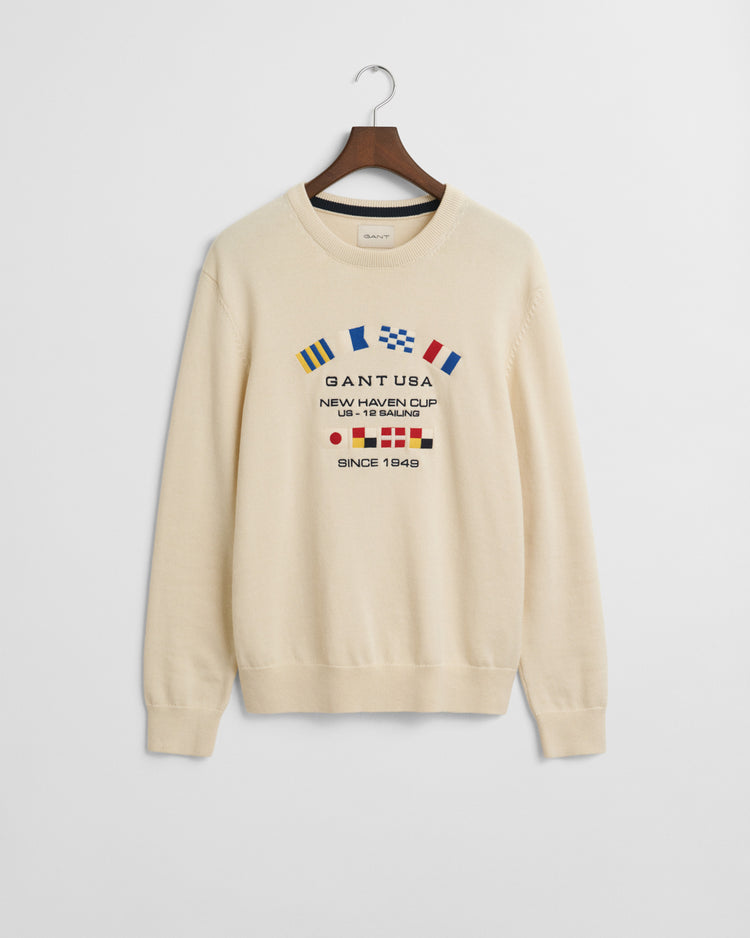 Sweter męski z okrągłym kołnierzykiem regular fit kremowy