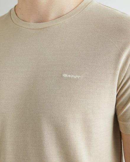 Bawełniany t-shirt męski okrągły kołnierzyk slim fit beżowy