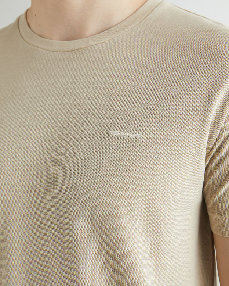 Bawełniany t-shirt męski okrągły kołnierzyk slim fit beżowy