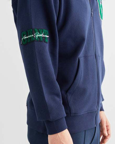 Bawełniana bluza męska z nadrukiem z zamkiem relaxed fit granatowa