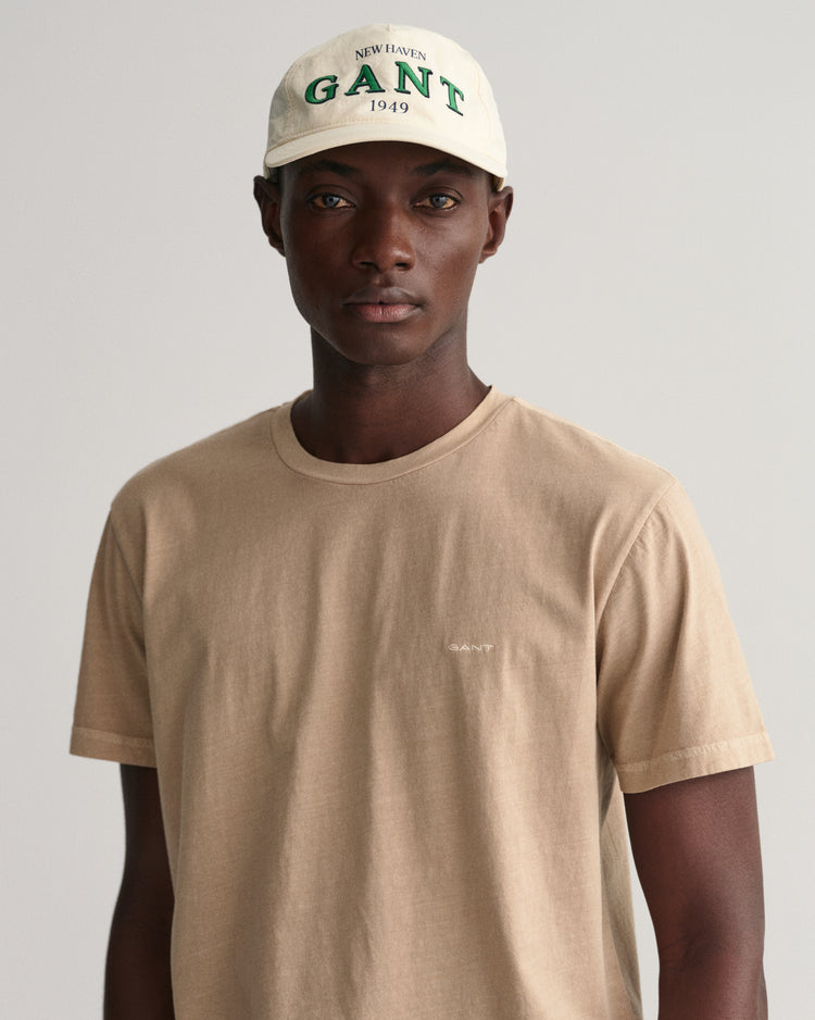 Męski beżowy T-shirt z logo o luźnym kroju i okrągłym dekolcie