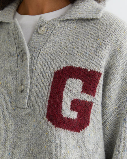 Sweter damski z nadrukiem z kołnierzem koszulowym oversize fit szary