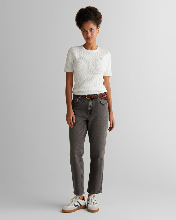 Sweter damski okrągły kołnierzyk z krótkim rękawem slim fit biały