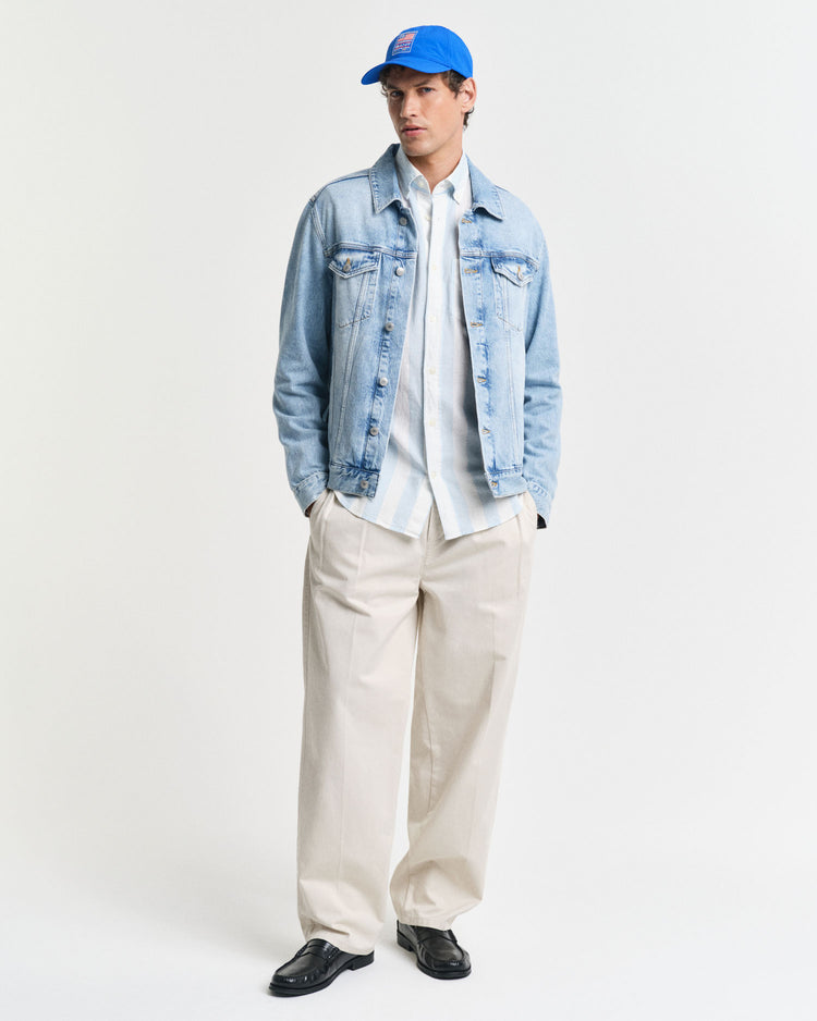 Męska niebieska koszula regular fit w szerokie pasy z mieszanki lnu i bawełny