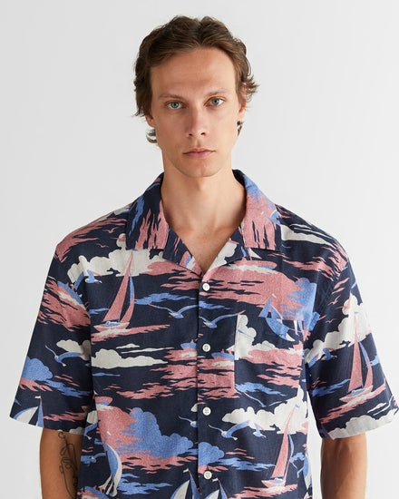 Męska granatowa koszula we wzory z klasycznym kołnierzykiem o luźnym kroju