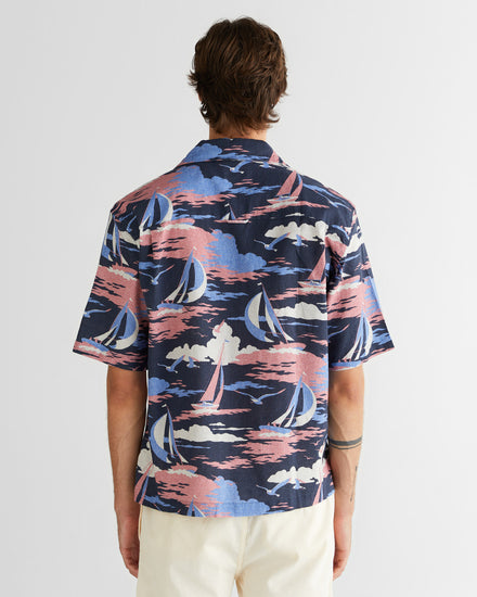 Męska granatowa koszula we wzory z klasycznym kołnierzykiem o luźnym kroju